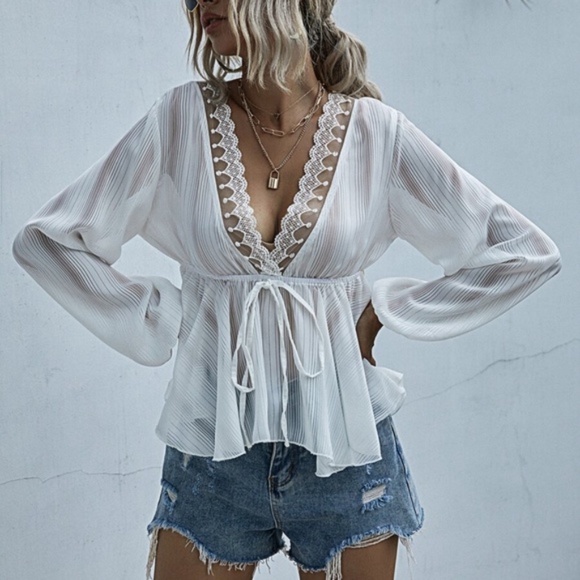 boho gypsy long sleeve babydoll vneck blouse - Picture 6 of 8